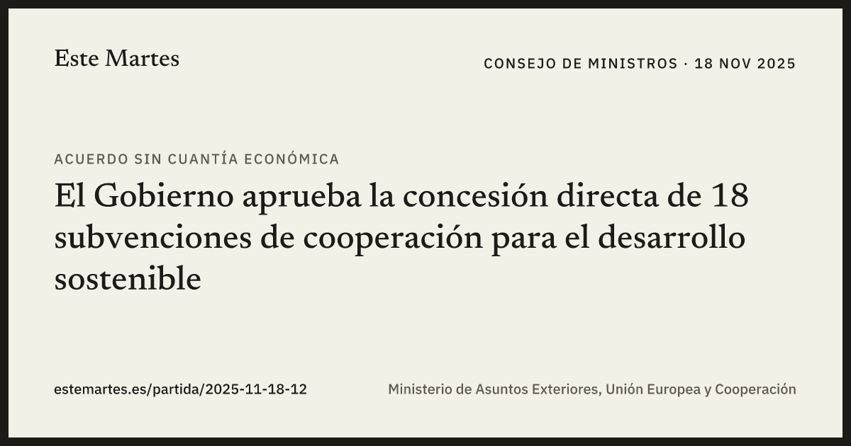 Tarjeta: El Gobierno aprueba la concesión directa de 18 subvenciones de cooperación para el desarrollo sostenible