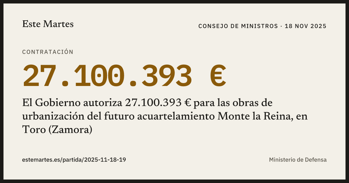 Tarjeta: El Gobierno autoriza 27.100.393 € para las obras de urbanización del futuro acuartelamiento Monte la Reina, en Toro (Zamora)