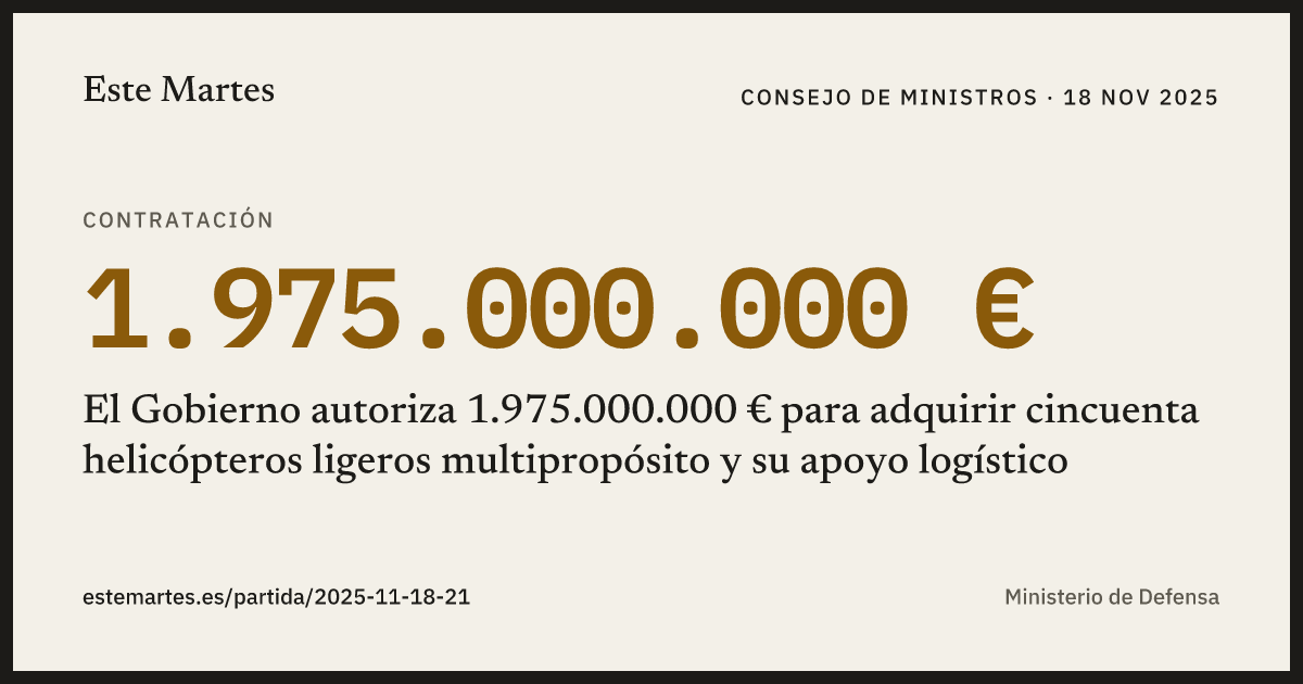 Tarjeta: El Gobierno autoriza 1.975.000.000 € para adquirir cincuenta helicópteros ligeros multipropósito y su apoyo logístico