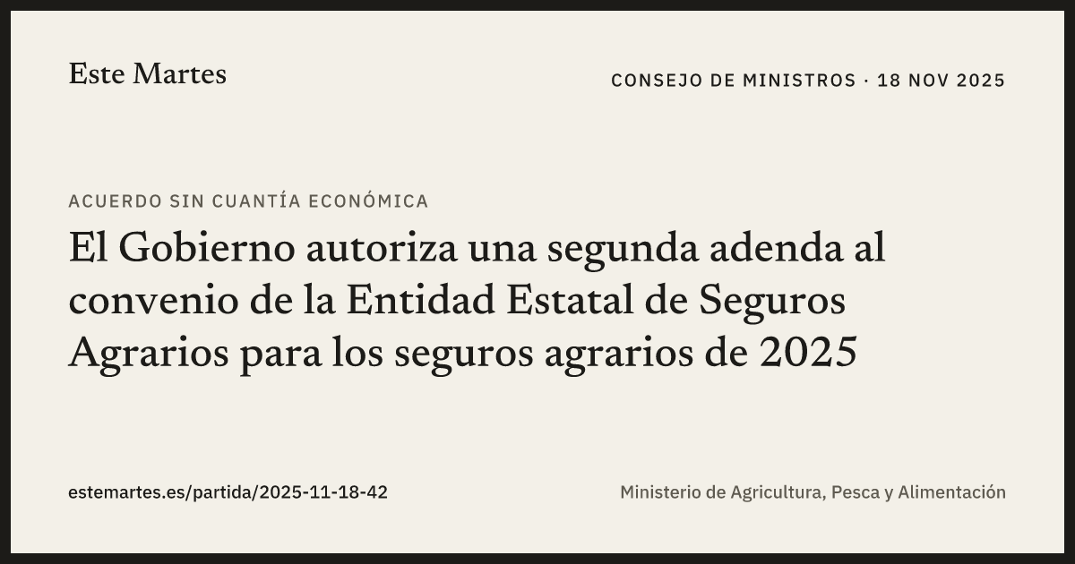 Tarjeta: El Gobierno autoriza una segunda adenda al convenio de la Entidad Estatal de Seguros Agrarios para los seguros agrarios de 2025