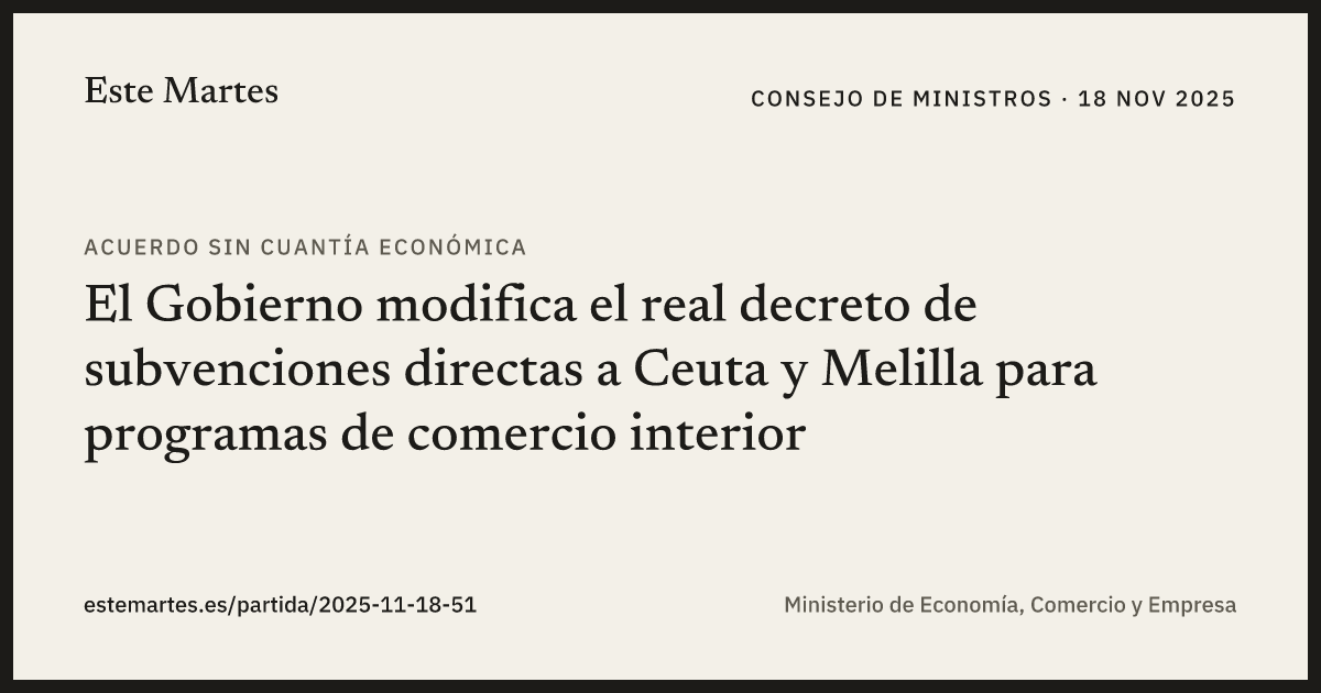 Tarjeta: El Gobierno modifica el real decreto de subvenciones directas a Ceuta y Melilla para programas de comercio interior