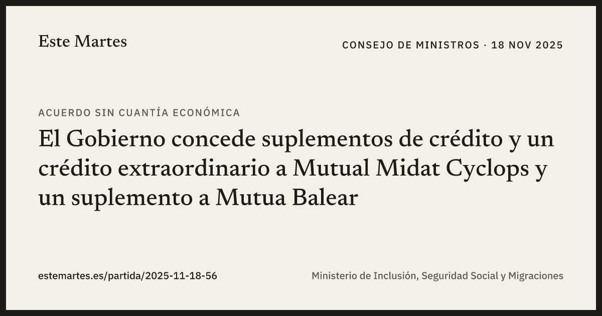 Tarjeta: El Gobierno concede suplementos de crédito y un crédito extraordinario a Mutual Midat Cyclops y un suplemento a Mutua Balear