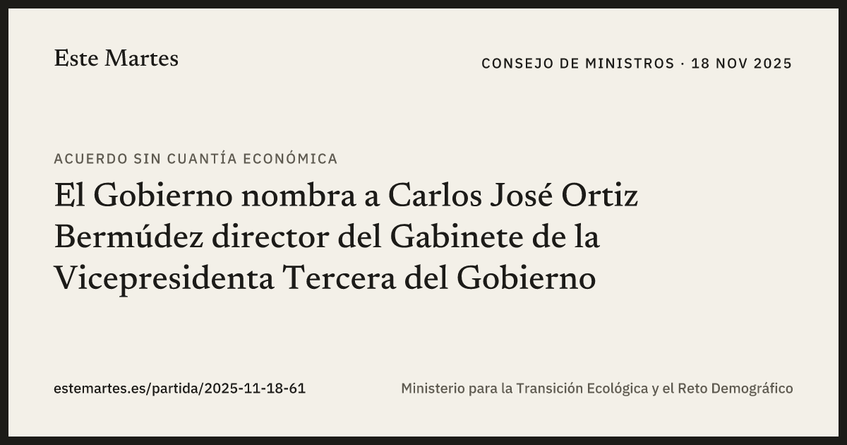 Tarjeta: El Gobierno nombra a Carlos José Ortiz Bermúdez director del Gabinete de la Vicepresidenta Tercera del Gobierno