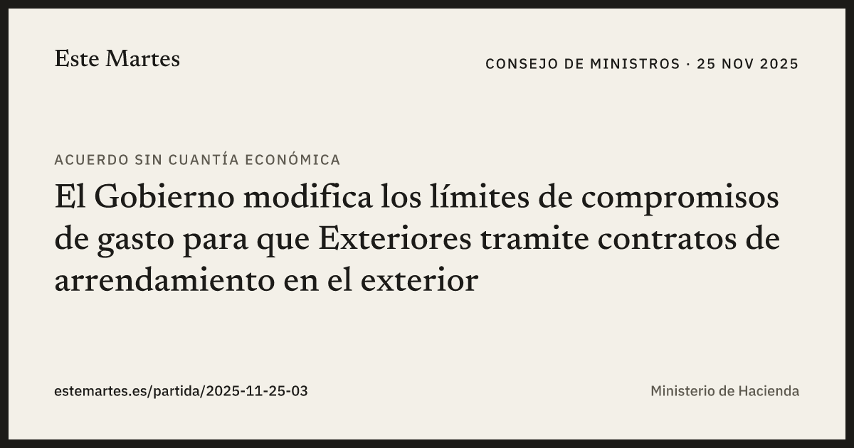Tarjeta: El Gobierno modifica los límites de compromisos de gasto para que Exteriores tramite contratos de arrendamiento en el exterior