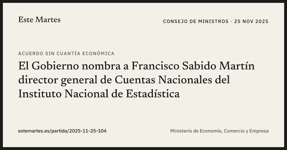 Tarjeta: El Gobierno nombra a Francisco Sabido Martín director general de Cuentas Nacionales del Instituto Nacional de Estadística