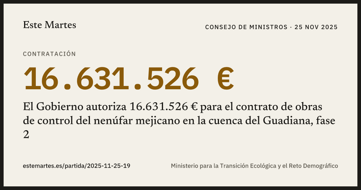 Tarjeta: El Gobierno autoriza 16.631.526 € para el contrato de obras de control del nenúfar mejicano en la cuenca del Guadiana, fase 2