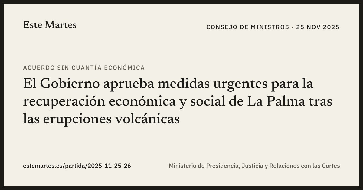 Tarjeta: El Gobierno aprueba medidas urgentes para la recuperación económica y social de La Palma tras las erupciones volcánicas