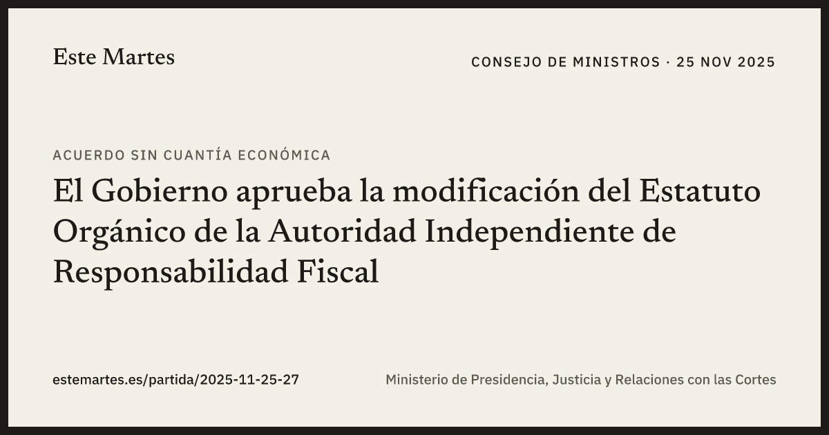 Tarjeta: El Gobierno aprueba la modificación del Estatuto Orgánico de la Autoridad Independiente de Responsabilidad Fiscal