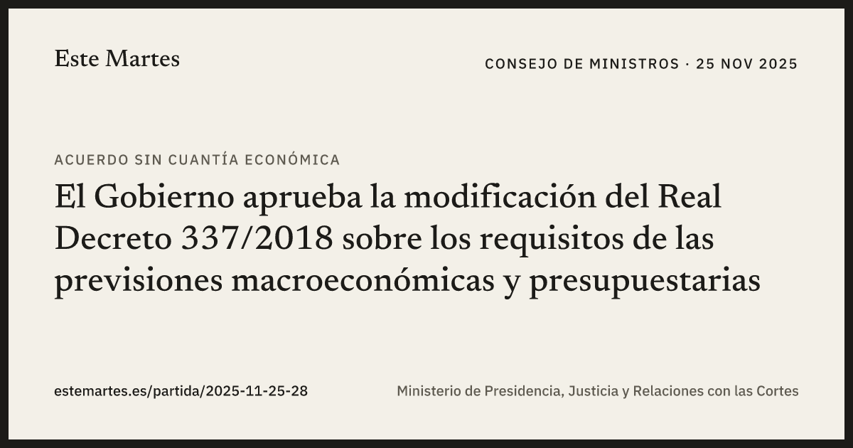 Tarjeta: El Gobierno aprueba la modificación del Real Decreto 337/2018 sobre los requisitos de las previsiones macroeconómicas y presupuestarias
