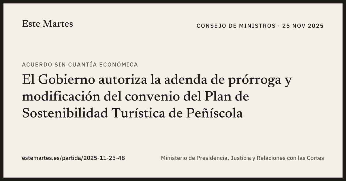 Tarjeta: El Gobierno autoriza la adenda de prórroga y modificación del convenio del Plan de Sostenibilidad Turística de Peñíscola