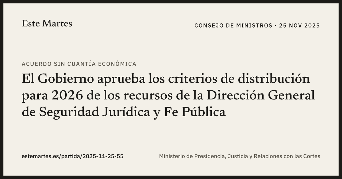 Tarjeta: El Gobierno aprueba los criterios de distribución para 2026 de los recursos de la Dirección General de Seguridad Jurídica y Fe Pública