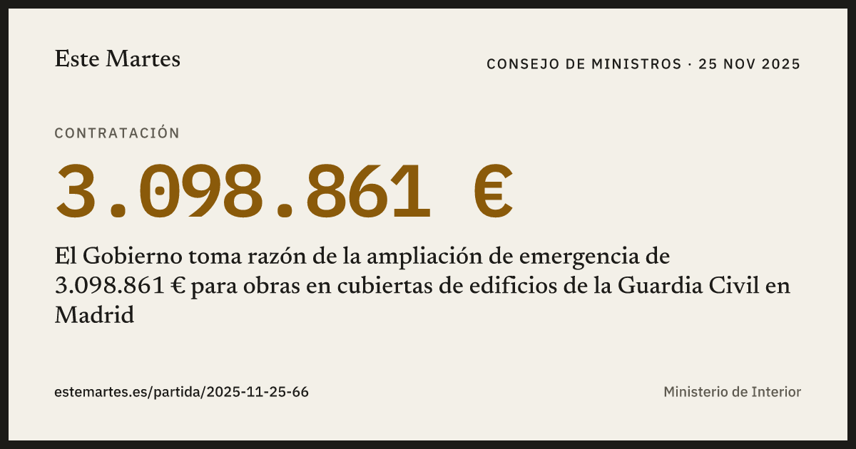 Tarjeta: El Gobierno toma razón de la ampliación de emergencia de 3.098.861 € para obras en cubiertas de edificios de la Guardia Civil en Madrid