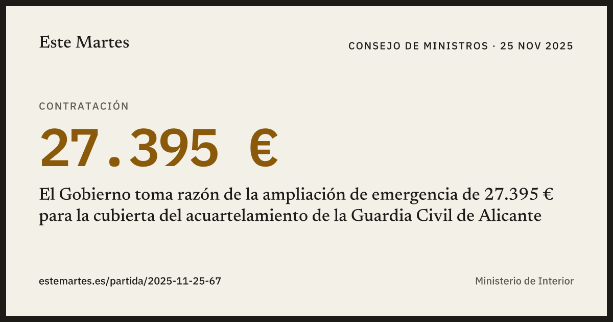 Tarjeta: El Gobierno toma razón de la ampliación de emergencia de 27.395 € para la cubierta del acuartelamiento de la Guardia Civil de Alicante