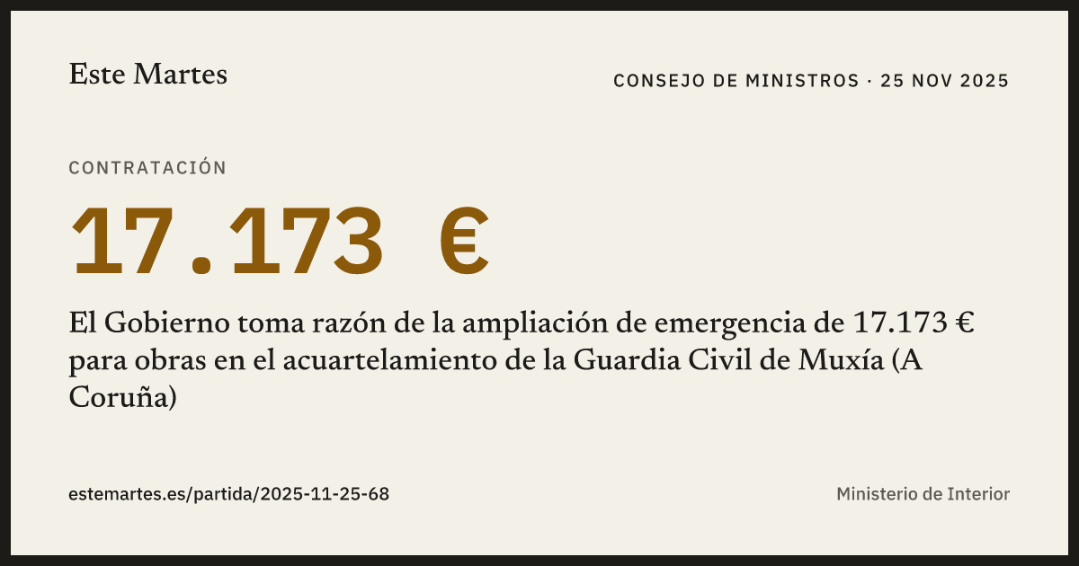 Tarjeta: El Gobierno toma razón de la ampliación de emergencia de 17.173 € para obras en el acuartelamiento de la Guardia Civil de Muxía (A Coruña)