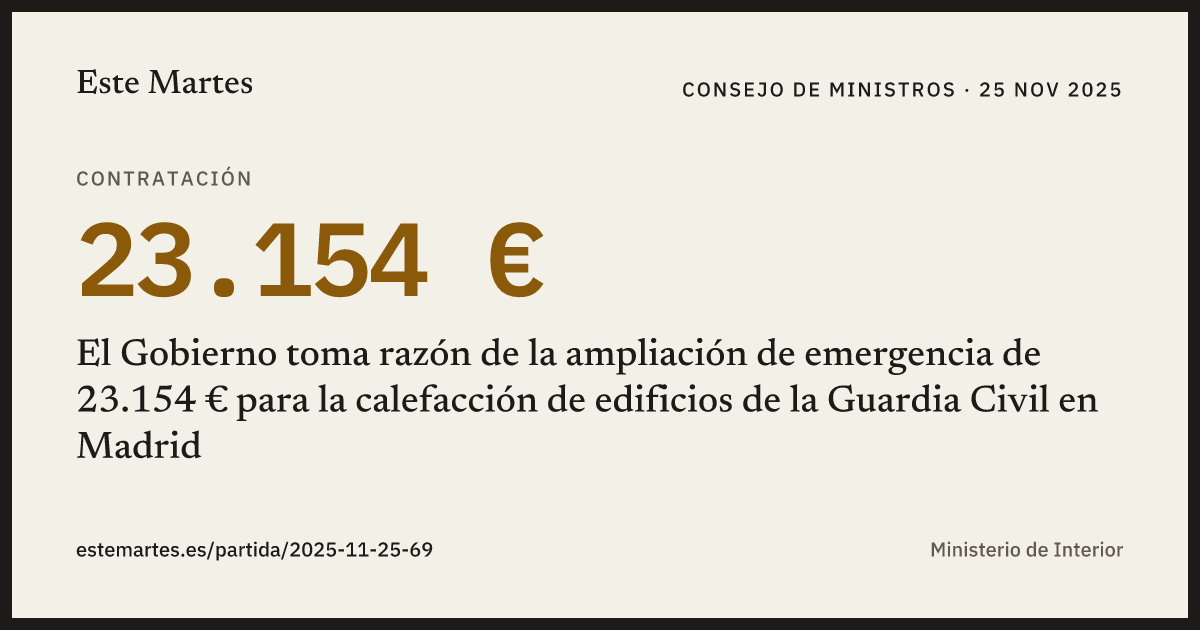 Tarjeta: El Gobierno toma razón de la ampliación de emergencia de 23.154 € para la calefacción de edificios de la Guardia Civil en Madrid