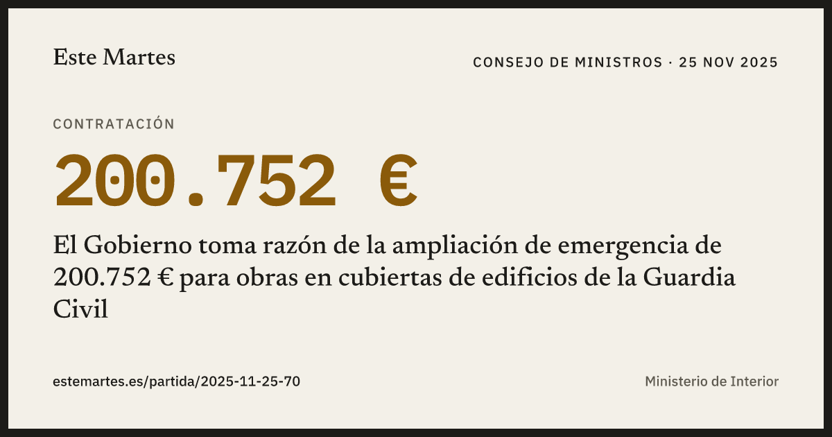 Tarjeta: El Gobierno toma razón de la ampliación de emergencia de 200.752 € para obras en cubiertas de edificios de la Guardia Civil