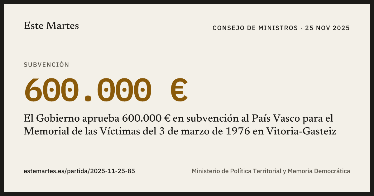 Tarjeta: El Gobierno aprueba 600.000 € en subvención al País Vasco para el Memorial de las Víctimas del 3 de marzo de 1976 en Vitoria-Gasteiz