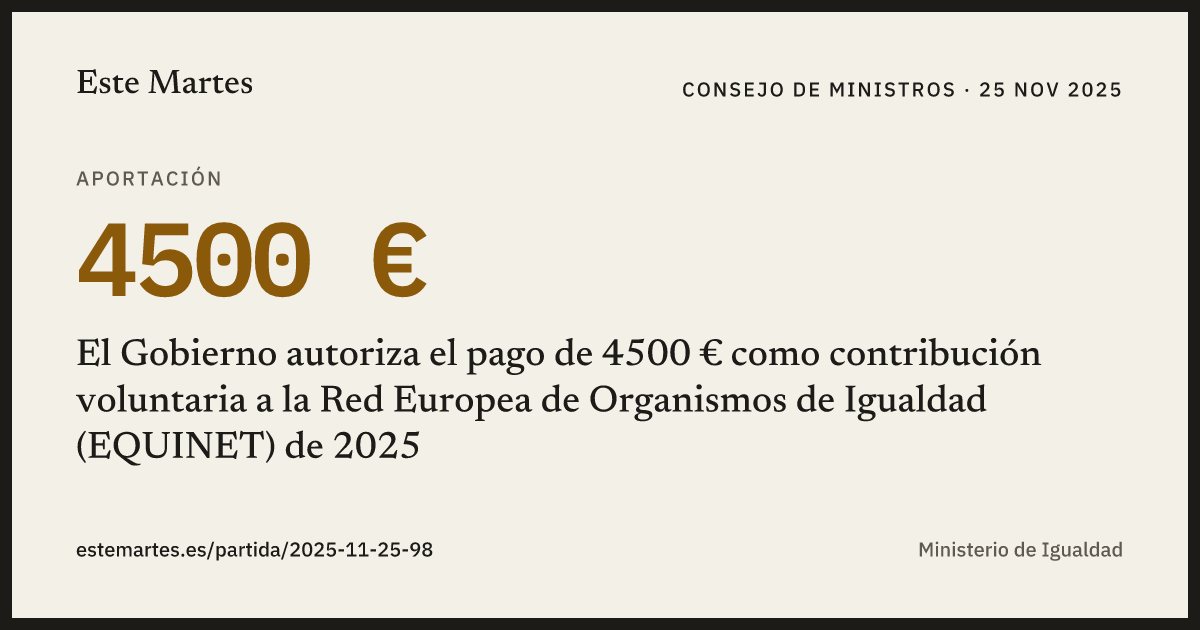 Tarjeta: El Gobierno autoriza el pago de 4500 € como contribución voluntaria a la Red Europea de Organismos de Igualdad (EQUINET) de 2025