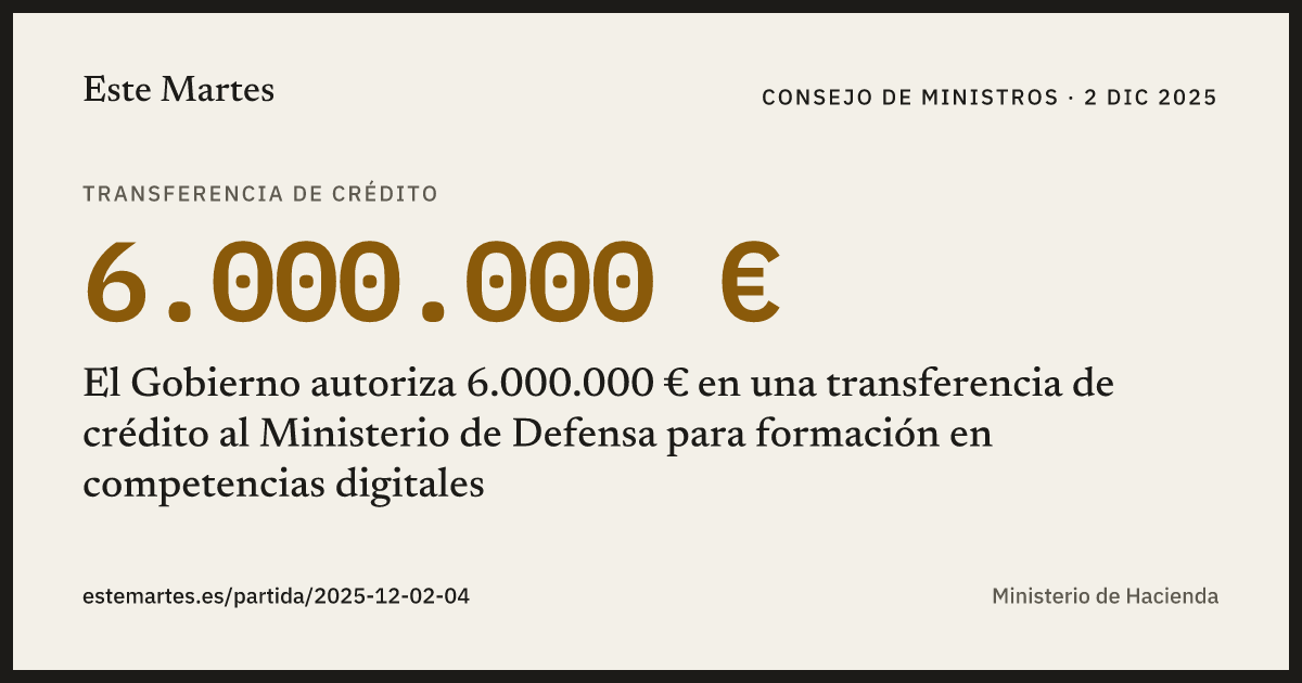 Tarjeta: El Gobierno autoriza 6.000.000 € en una transferencia de crédito al Ministerio de Defensa para formación en competencias digitales