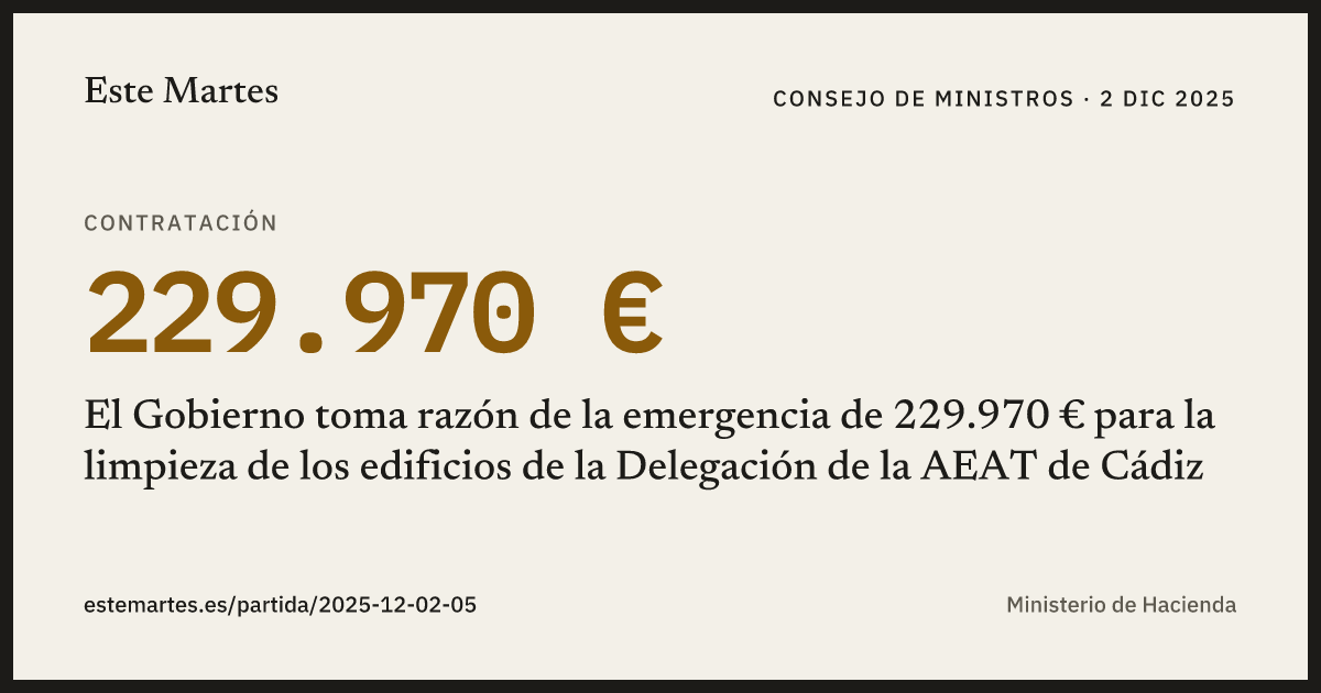 Tarjeta: El Gobierno toma razón de la emergencia de 229.970 € para la limpieza de los edificios de la Delegación de la AEAT de Cádiz