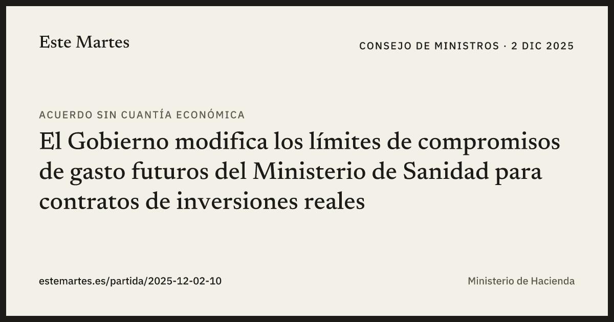 Tarjeta: El Gobierno modifica los límites de compromisos de gasto futuros del Ministerio de Sanidad para contratos de inversiones reales