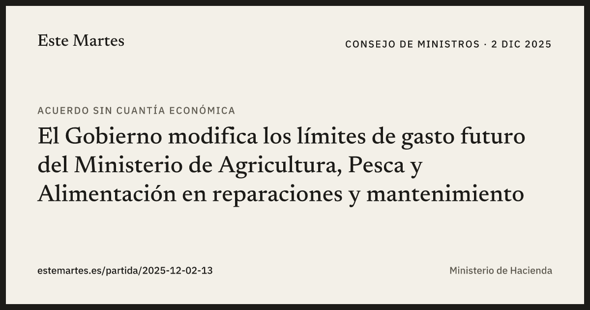 Tarjeta: El Gobierno modifica los límites de gasto futuro del Ministerio de Agricultura, Pesca y Alimentación en reparaciones y mantenimiento