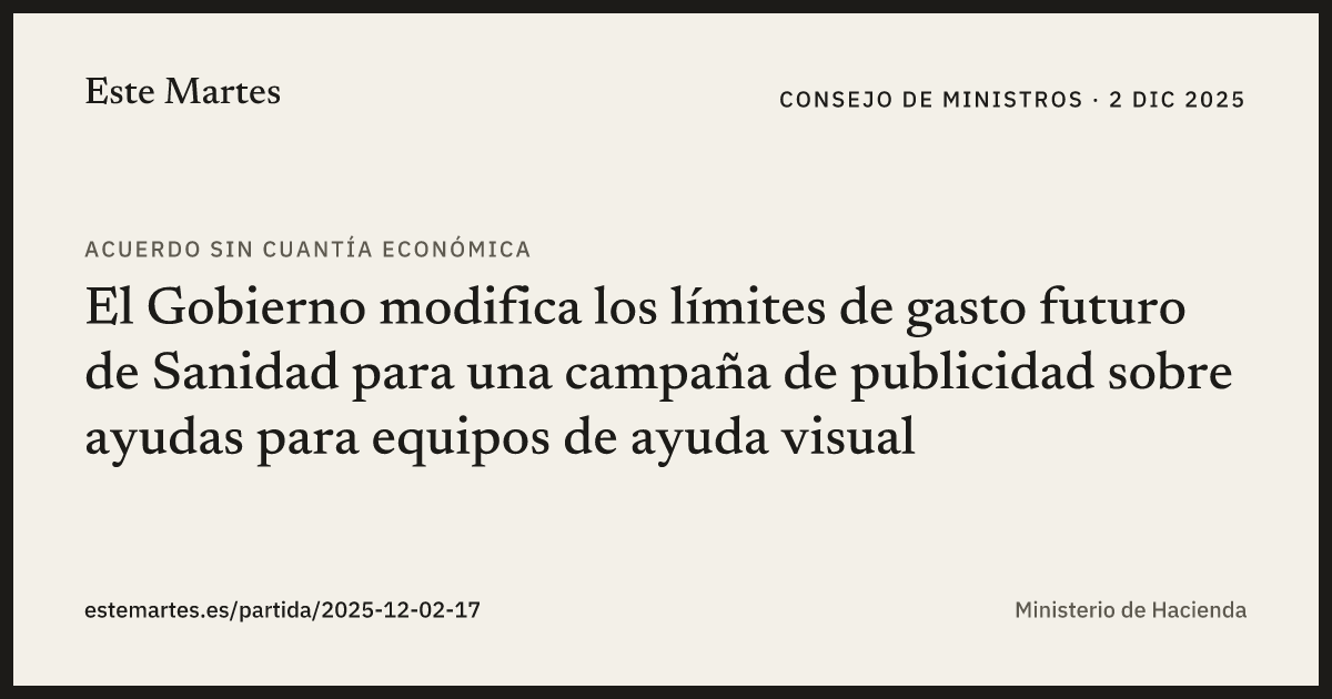 Tarjeta: El Gobierno modifica los límites de gasto futuro de Sanidad para una campaña de publicidad sobre ayudas para equipos de ayuda visual