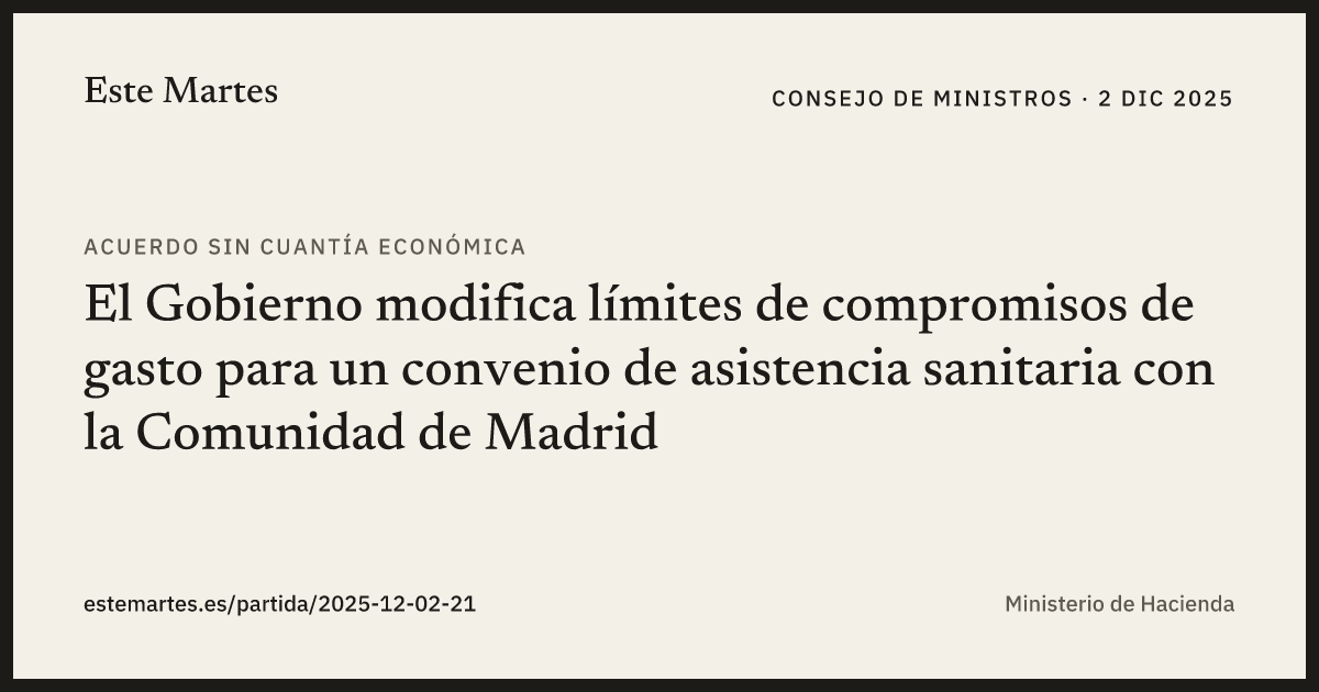 Tarjeta: El Gobierno modifica límites de compromisos de gasto para un convenio de asistencia sanitaria con la Comunidad de Madrid
