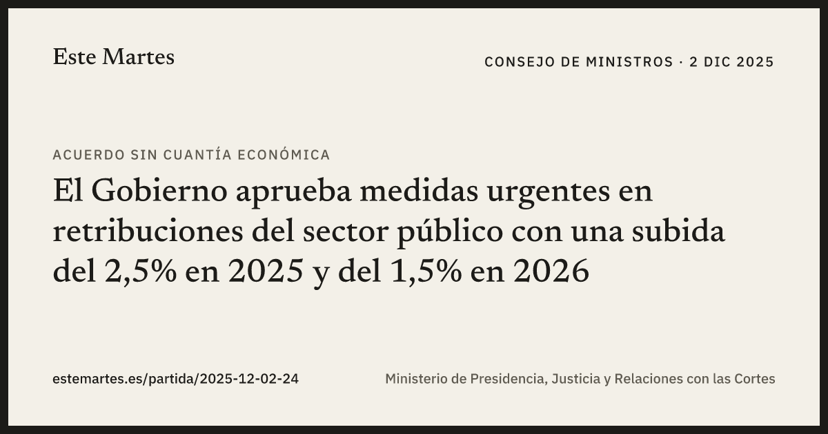 Tarjeta: El Gobierno aprueba medidas urgentes en retribuciones del sector público con una subida del 2,5% en 2025 y del 1,5% en 2026