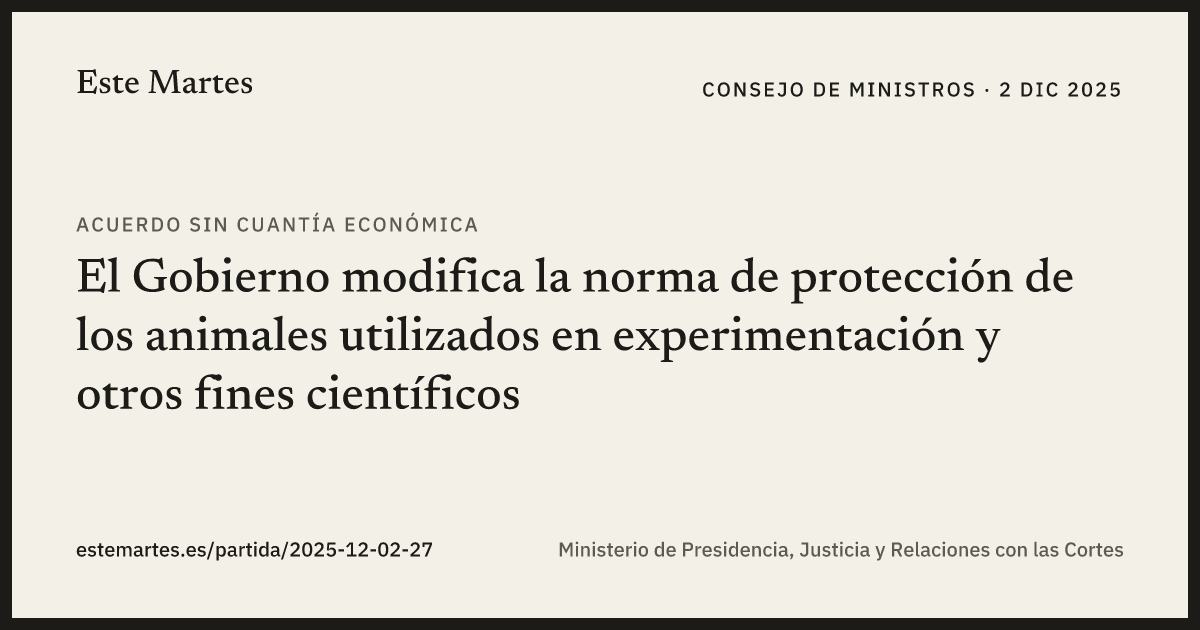 Tarjeta: El Gobierno modifica la norma de protección de los animales utilizados en experimentación y otros fines científicos