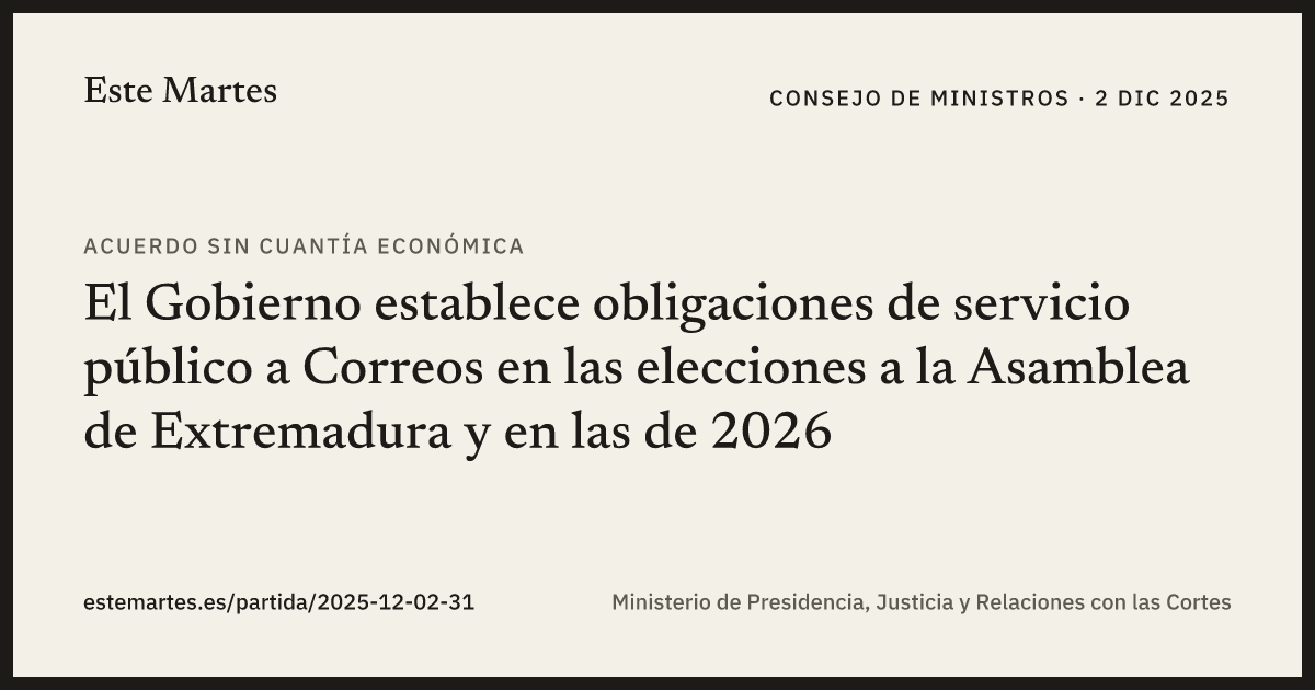 Tarjeta: El Gobierno establece obligaciones de servicio público a Correos en las elecciones a la Asamblea de Extremadura y en las de 2026