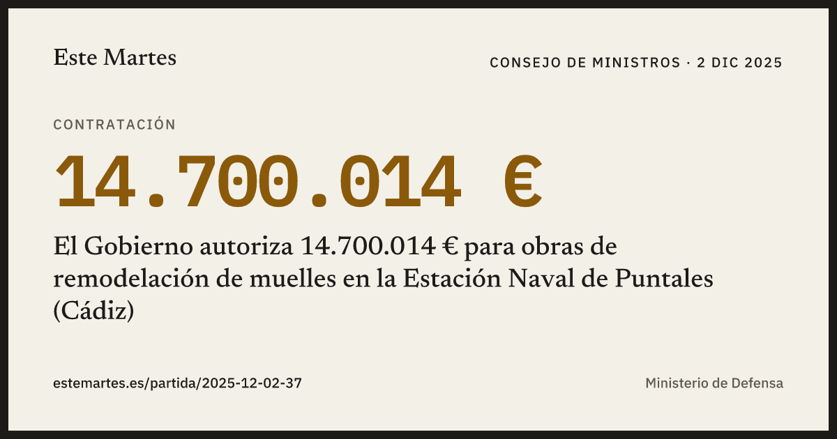 Tarjeta: El Gobierno autoriza 14.700.014 € para obras de remodelación de muelles en la Estación Naval de Puntales (Cádiz)