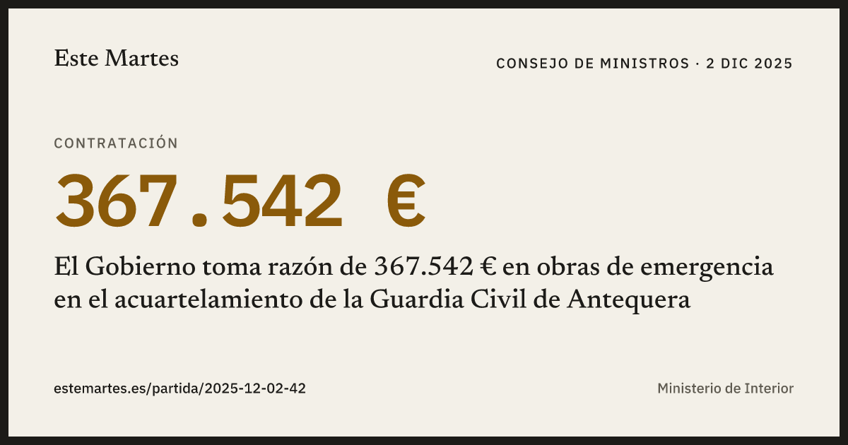 Tarjeta: El Gobierno toma razón de 367.542 € en obras de emergencia en el acuartelamiento de la Guardia Civil de Antequera