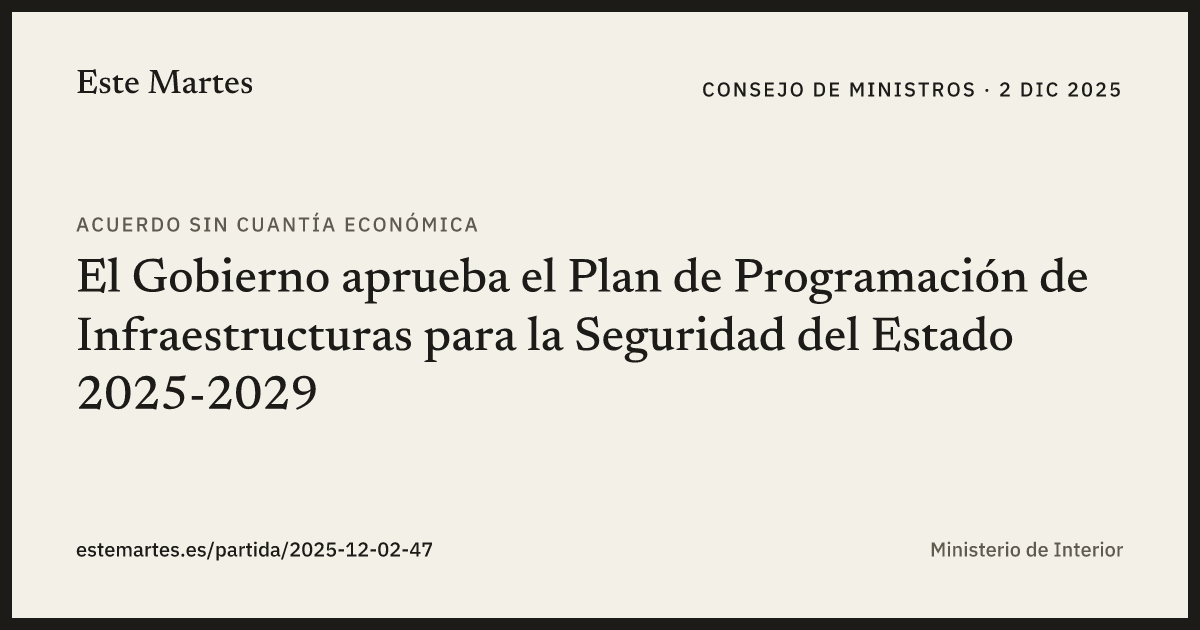 Tarjeta: El Gobierno aprueba el Plan de Programación de Infraestructuras para la Seguridad del Estado 2025-2029