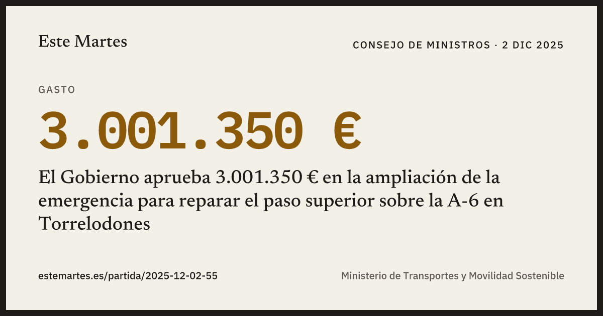 Tarjeta: El Gobierno aprueba 3.001.350 € en la ampliación de la emergencia para reparar el paso superior sobre la A-6 en Torrelodones