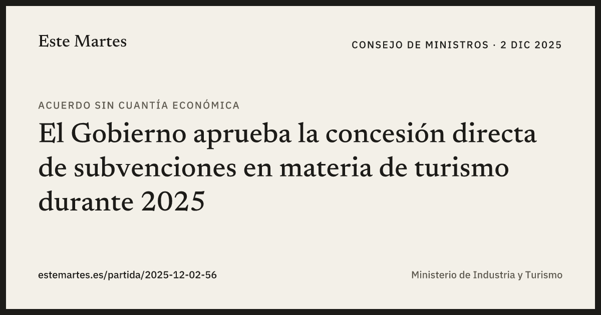 Tarjeta: El Gobierno aprueba la concesión directa de subvenciones en materia de turismo durante 2025