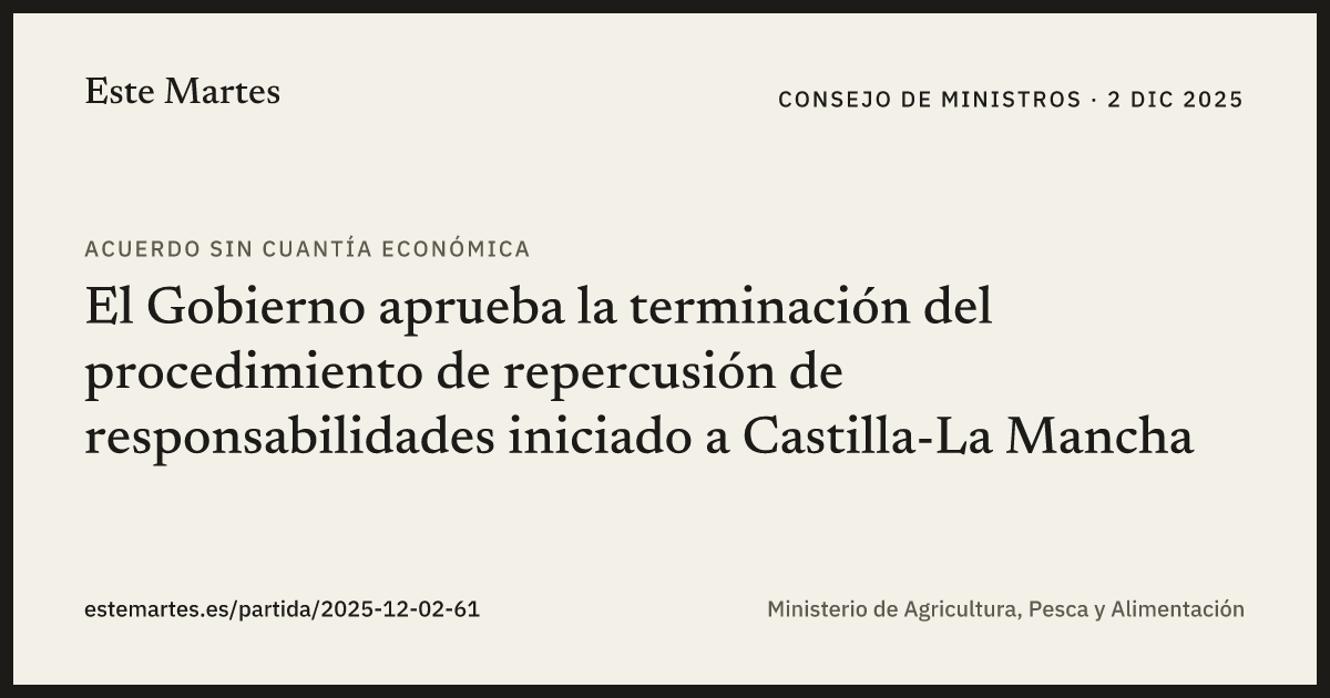 Tarjeta: El Gobierno aprueba la terminación del procedimiento de repercusión de responsabilidades iniciado a Castilla-La Mancha