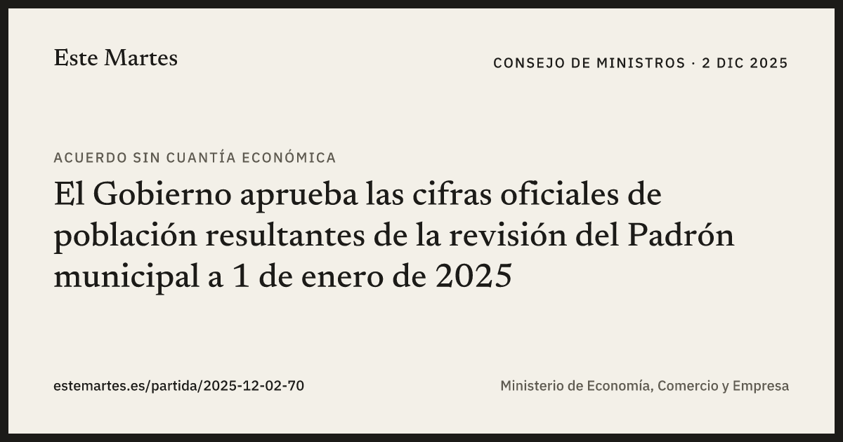 Tarjeta: El Gobierno aprueba las cifras oficiales de población resultantes de la revisión del Padrón municipal a 1 de enero de 2025