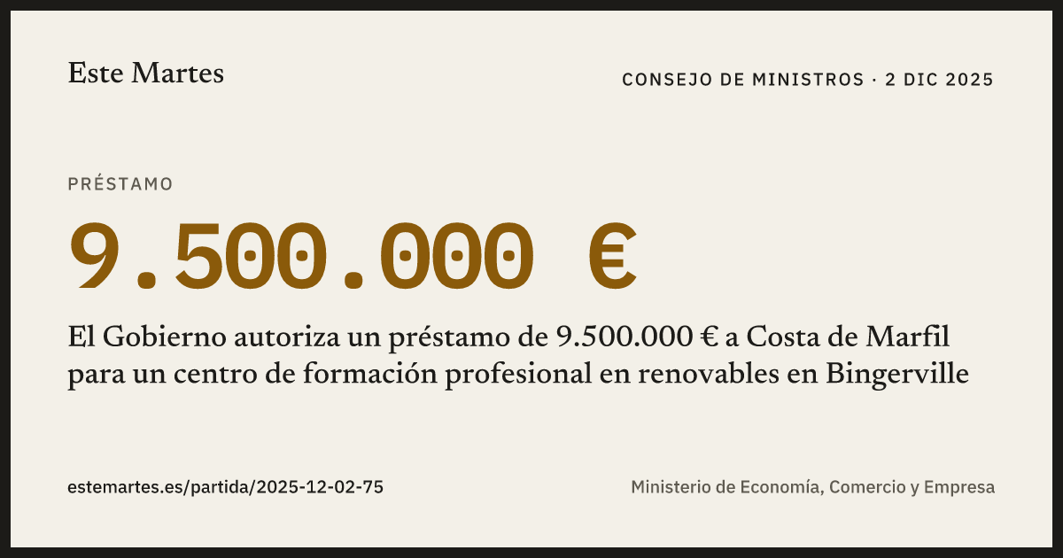 Tarjeta: El Gobierno autoriza un préstamo de 9.500.000 € a Costa de Marfil para un centro de formación profesional en renovables en Bingerville