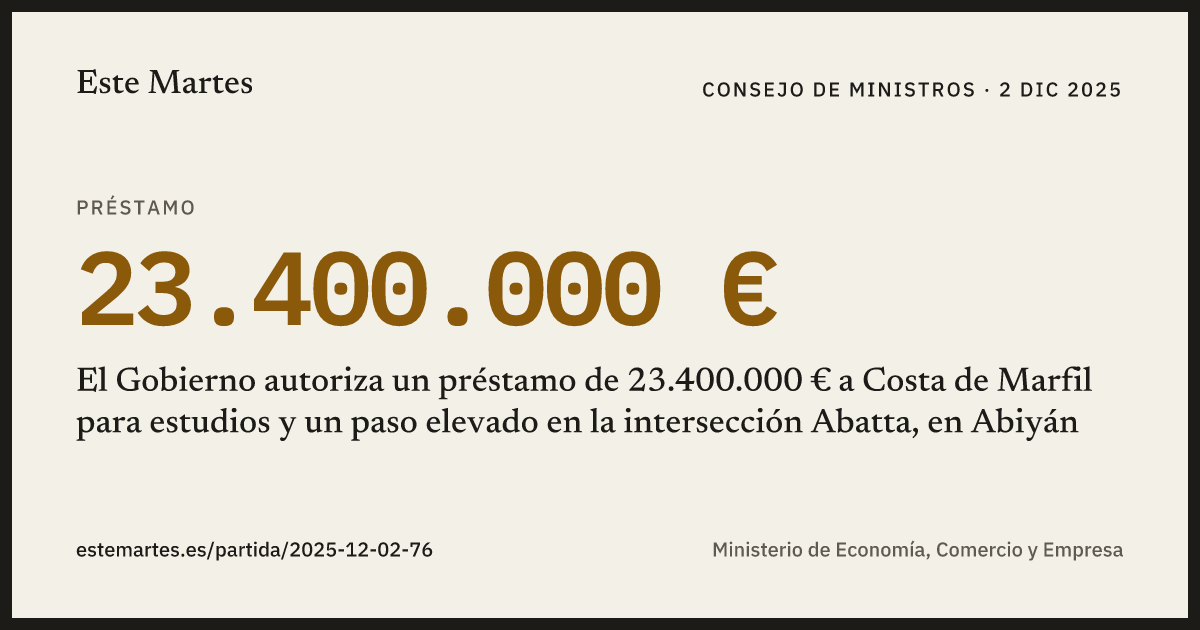 Tarjeta: El Gobierno autoriza un préstamo de 23.400.000 € a Costa de Marfil para estudios y un paso elevado en la intersección Abatta, en Abiyán