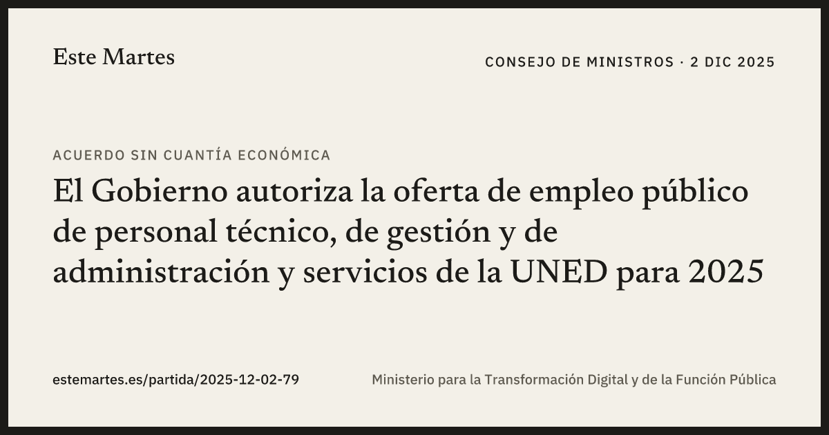 Tarjeta: El Gobierno autoriza la oferta de empleo público de personal técnico, de gestión y de administración y servicios de la UNED para 2025