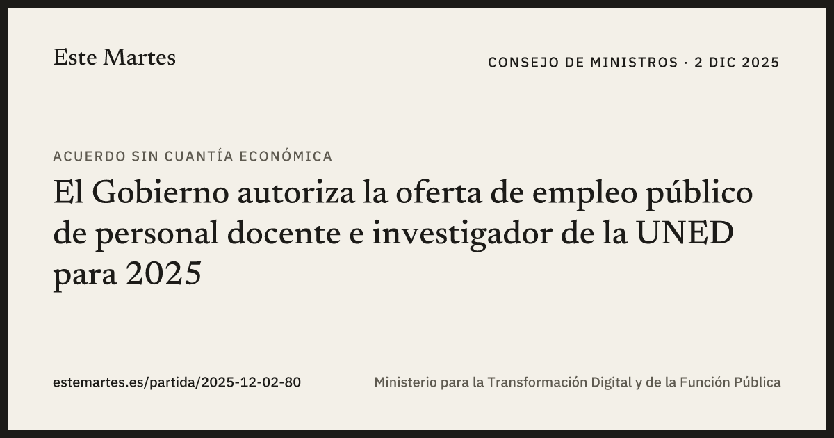 Tarjeta: El Gobierno autoriza la oferta de empleo público de personal docente e investigador de la UNED para 2025