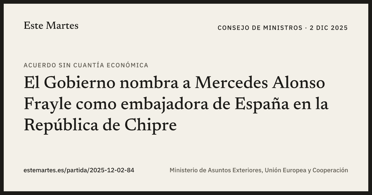 Tarjeta: El Gobierno nombra a Mercedes Alonso Frayle como embajadora de España en la República de Chipre