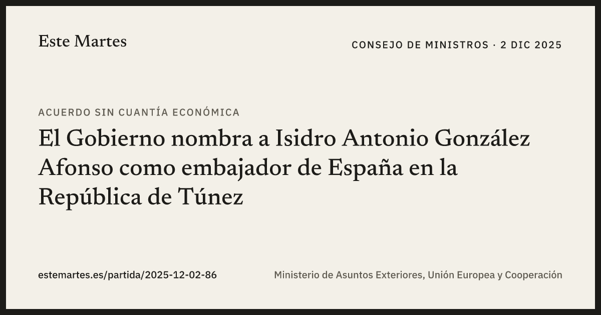 Tarjeta: El Gobierno nombra a Isidro Antonio González Afonso como embajador de España en la República de Túnez