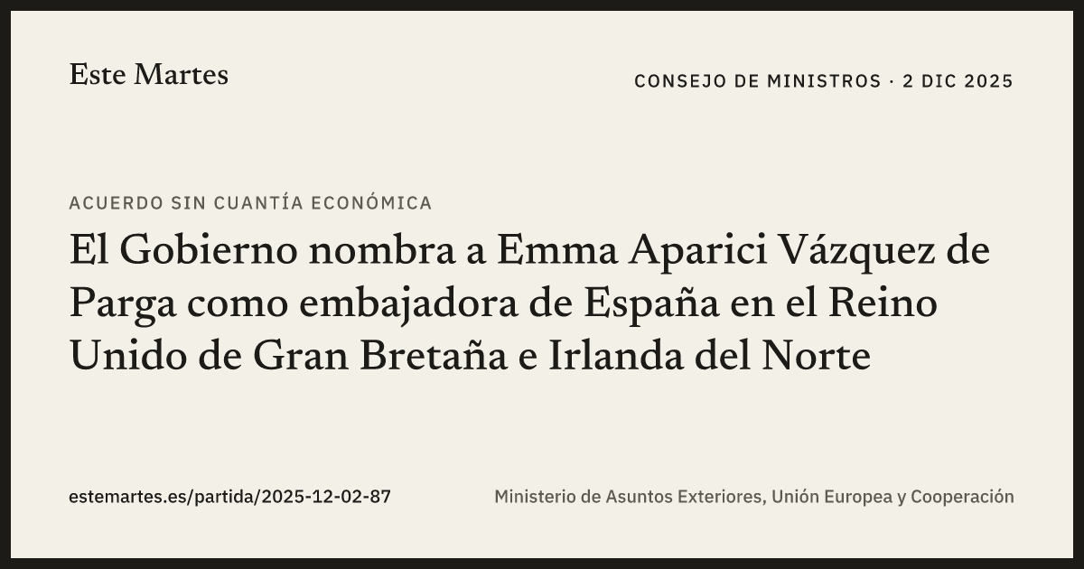 Tarjeta: El Gobierno nombra a Emma Aparici Vázquez de Parga como embajadora de España en el Reino Unido de Gran Bretaña e Irlanda del Norte