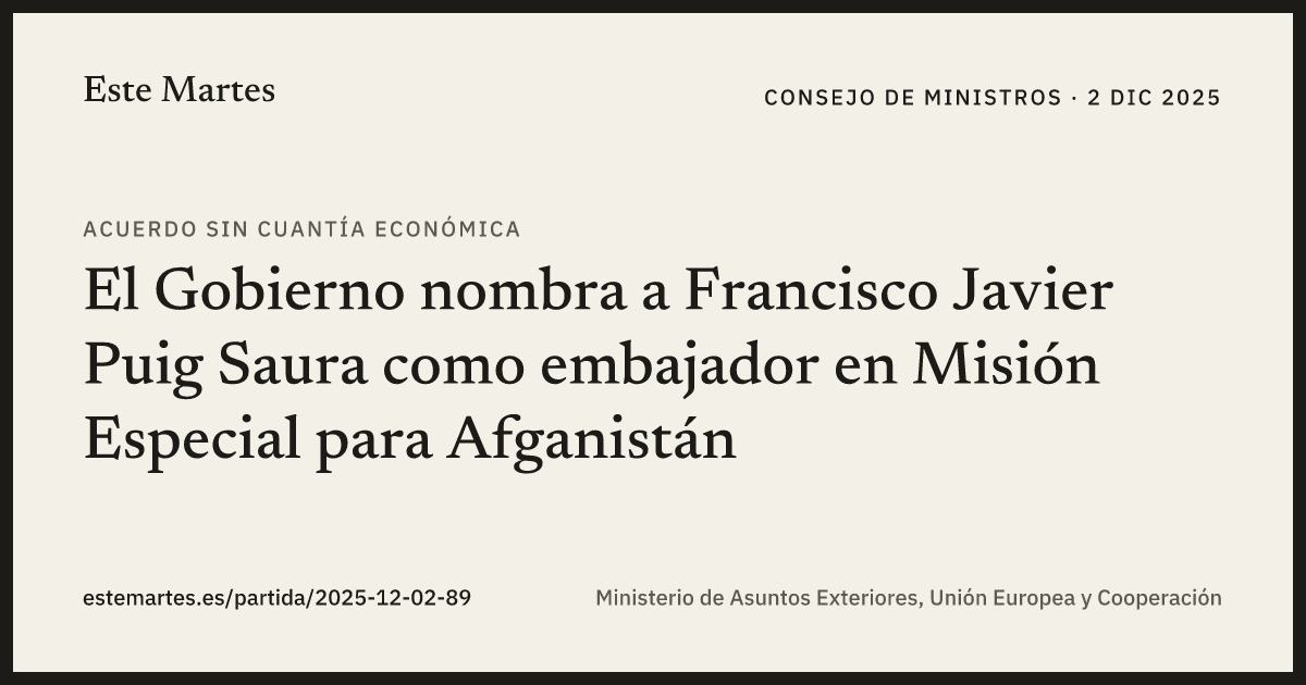Tarjeta: El Gobierno nombra a Francisco Javier Puig Saura como embajador en Misión Especial para Afganistán