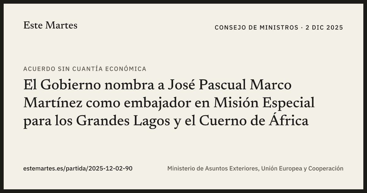 Tarjeta: El Gobierno nombra a José Pascual Marco Martínez como embajador en Misión Especial para los Grandes Lagos y el Cuerno de África