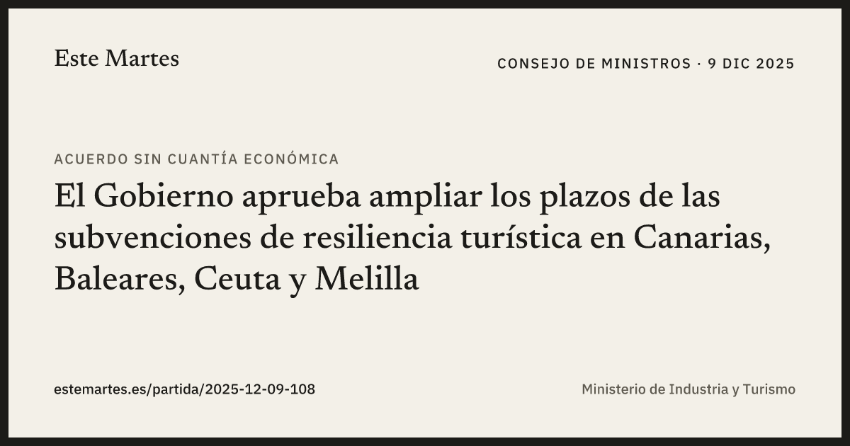 Tarjeta: El Gobierno aprueba ampliar los plazos de las subvenciones de resiliencia turística en Canarias, Baleares, Ceuta y Melilla