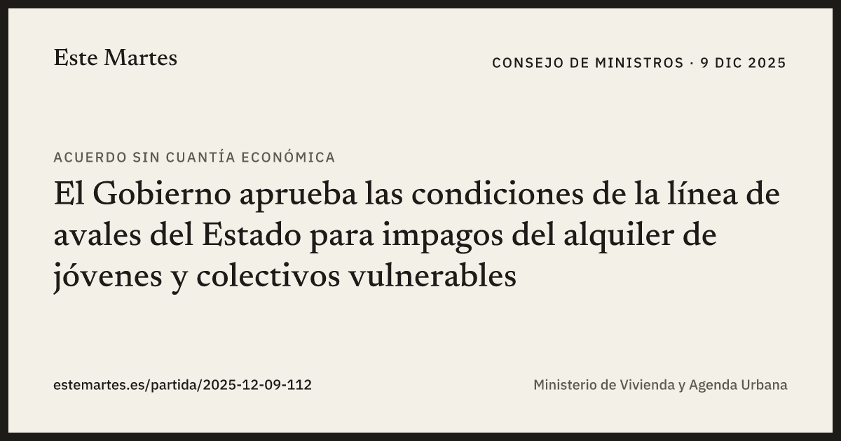 Tarjeta: El Gobierno aprueba las condiciones de la línea de avales del Estado para impagos del alquiler de jóvenes y colectivos vulnerables