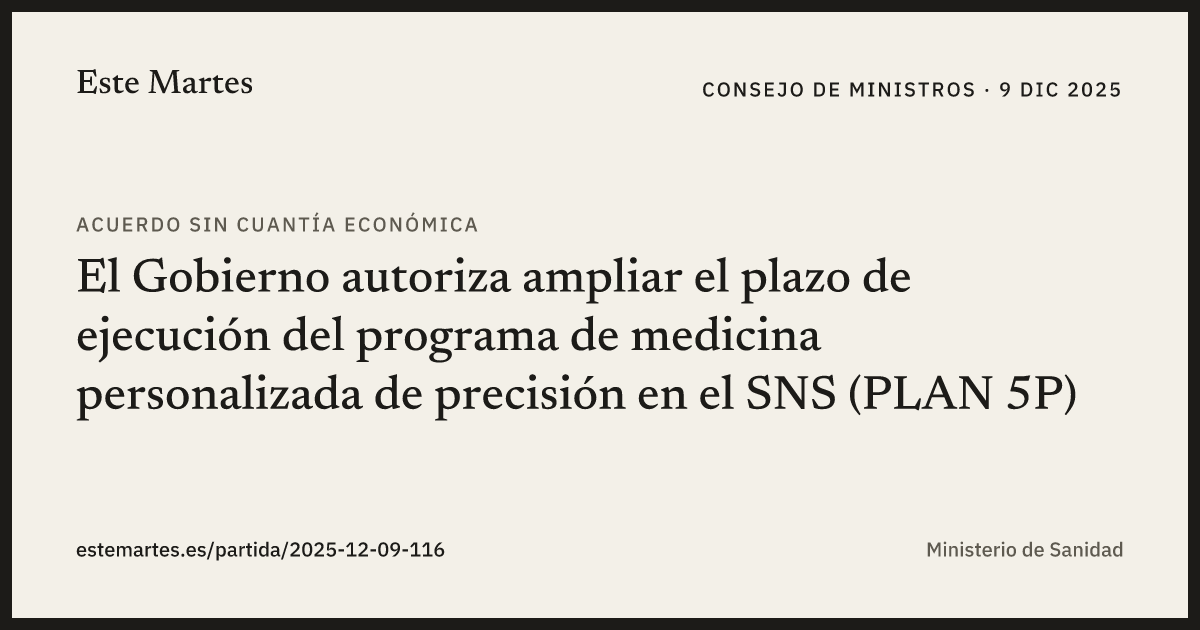 Tarjeta: El Gobierno autoriza ampliar el plazo de ejecución del programa de medicina personalizada de precisión en el SNS (PLAN 5P)